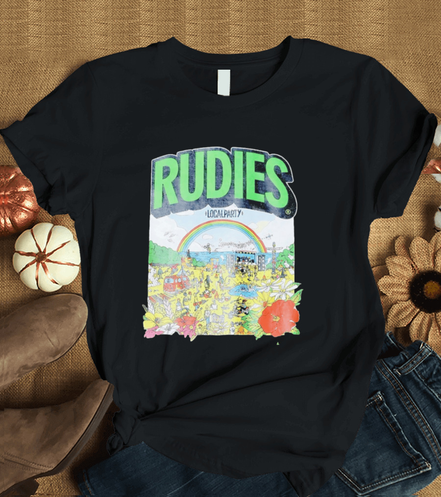 Rudie's 35th Anniversary Local Party Featuring 10 Feet G Freak Factory Dustboz Colorful Celebration With Rainbow And Flowers T-Shirt