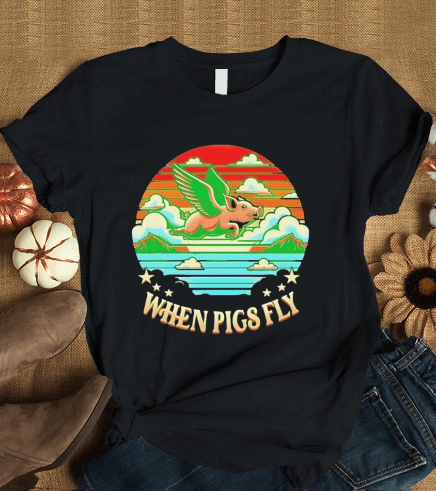 When Pigs Fly Flying Pig Whimsical Clouds And Stars T-Shirt