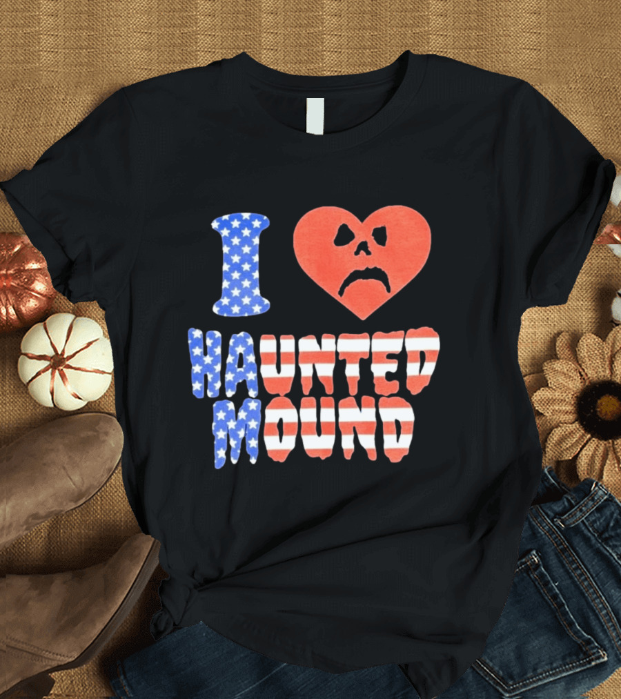 I Heart Haunted Mound USA American Flag Skull T-Shirt