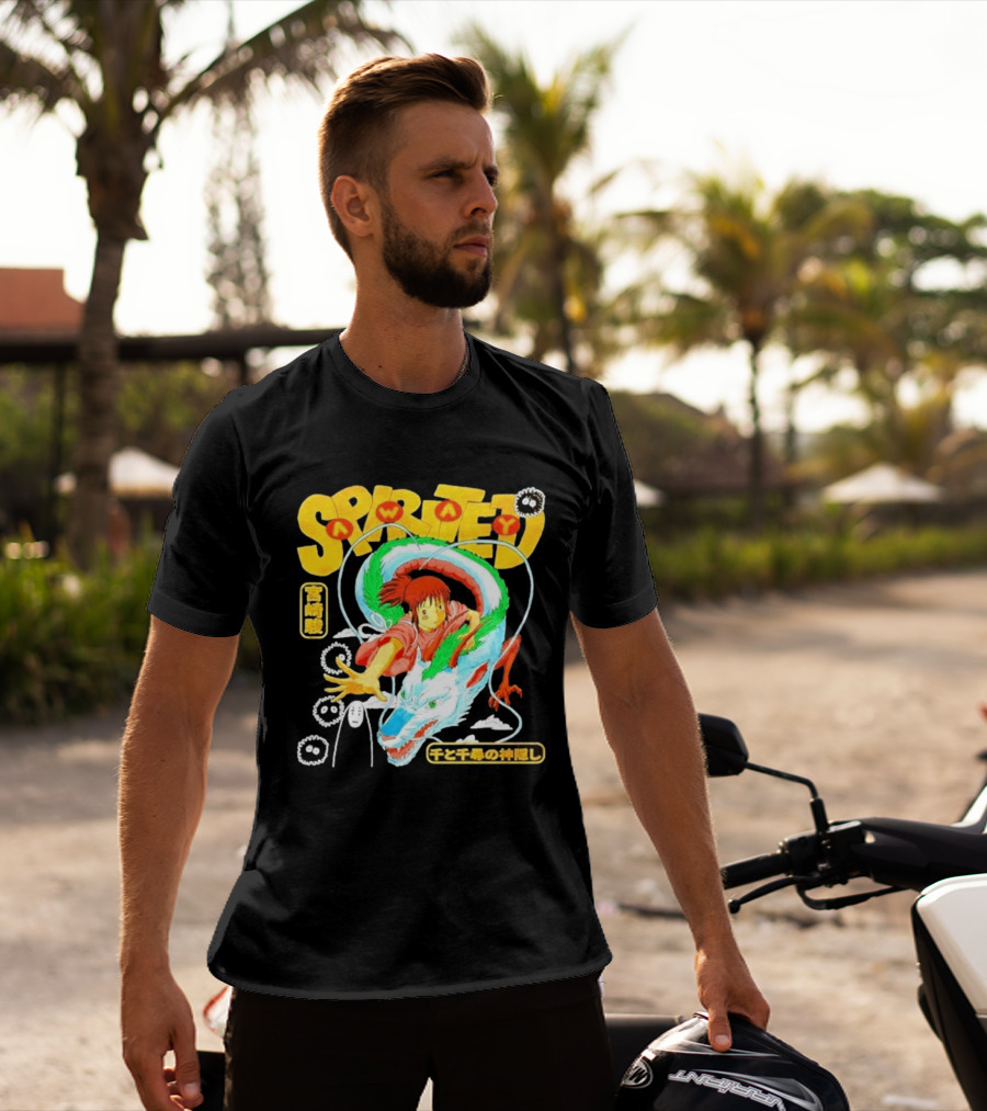Spirited Away Chihiro Riding Haku Dragon Japanese Text No Face Soot Sprites T-Shirt