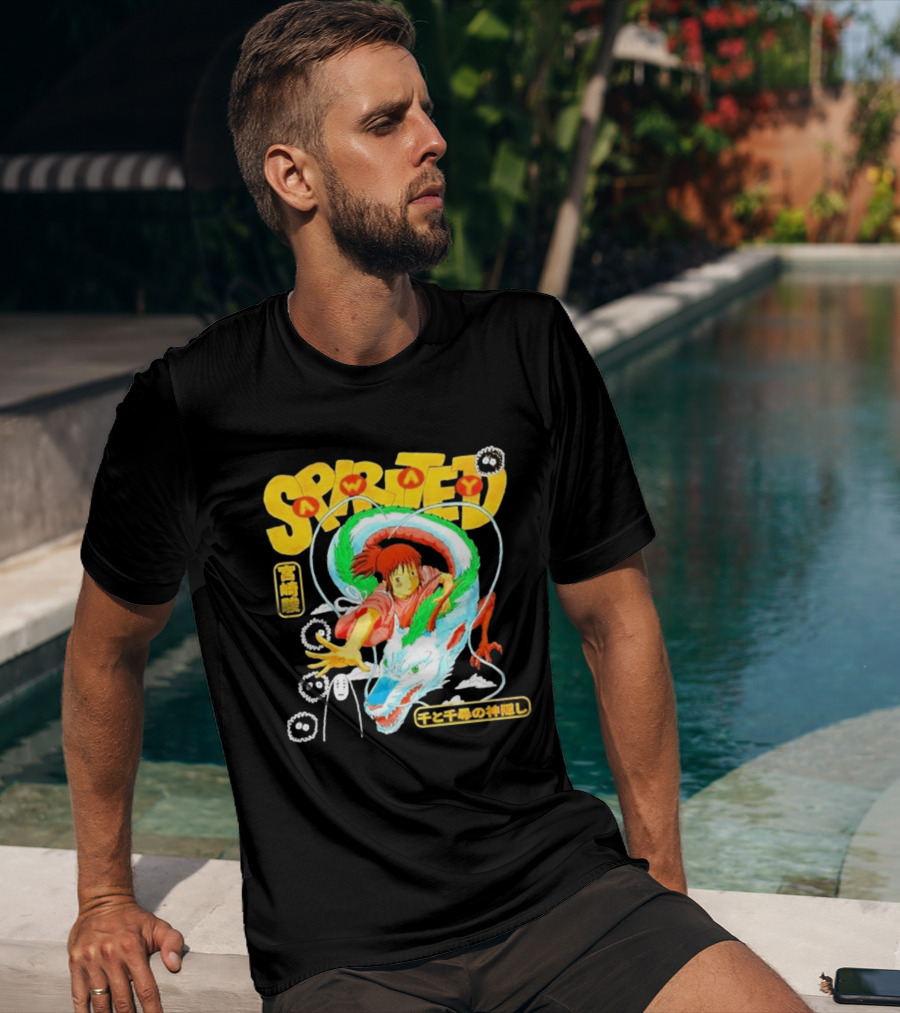 Spirited Away Chihiro Riding Haku Dragon Japanese Text No Face Soot Sprites T-Shirt