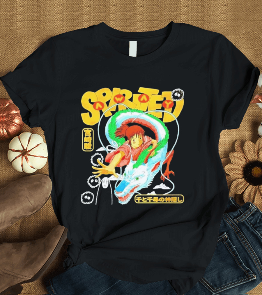 Spirited Away Chihiro Riding Haku Dragon Japanese Text No Face Soot Sprites T-Shirt