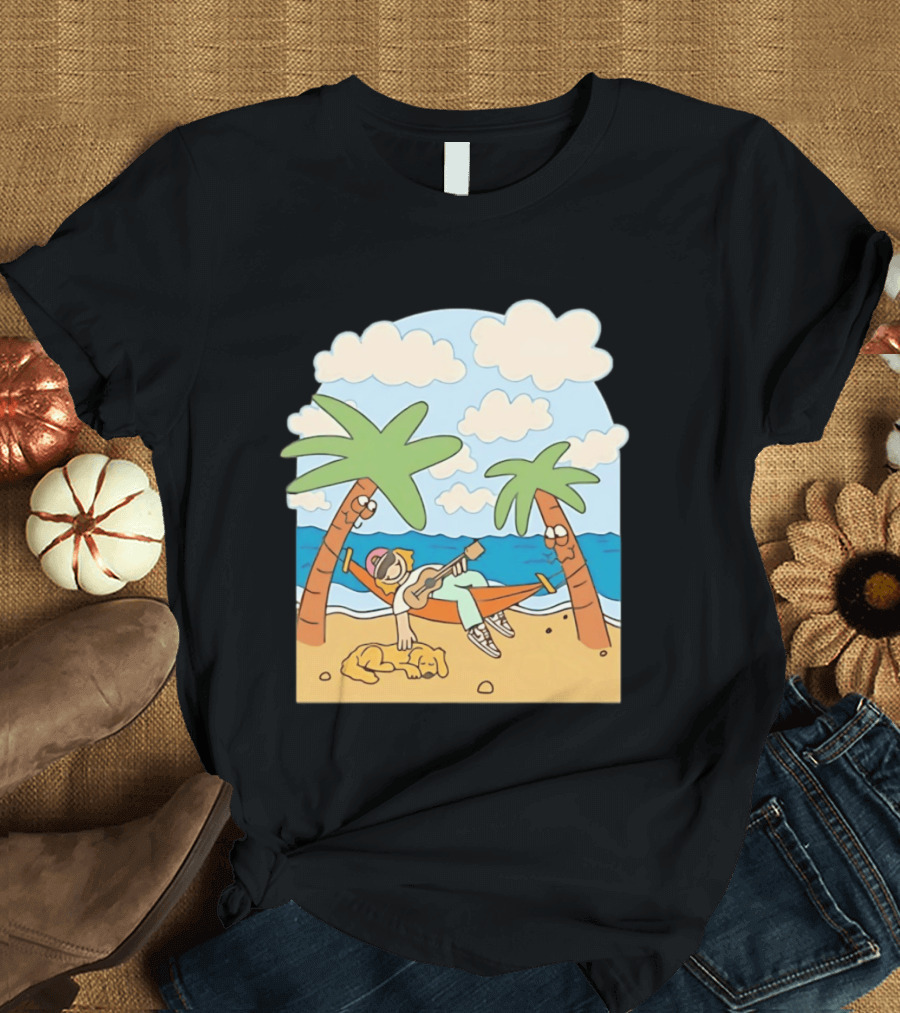 Hammock Guitar Player With Sleeping Dog On Tropical Beach Scene T-Shirt