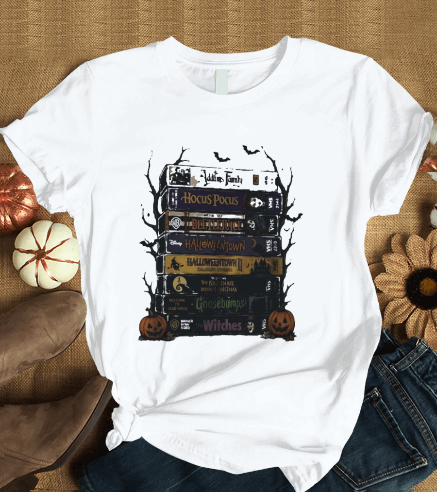 The Addams Family Hocus Pocus Beetlejuice Halloweentown Halloween II The Nightmare Before Christmas Goosebumps The Witches VHS Stack T-Shirt