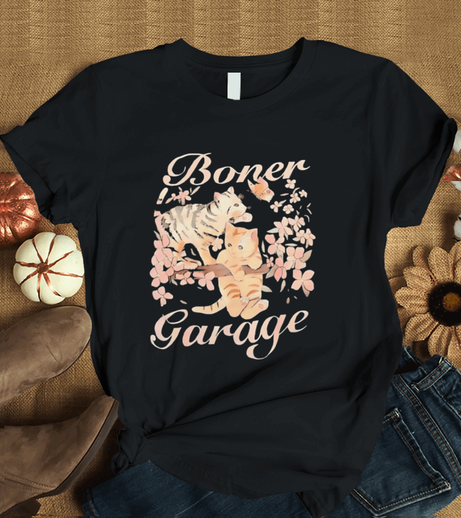 Boner Garage Cats Cherry Blossoms And Butterfly T-Shirt