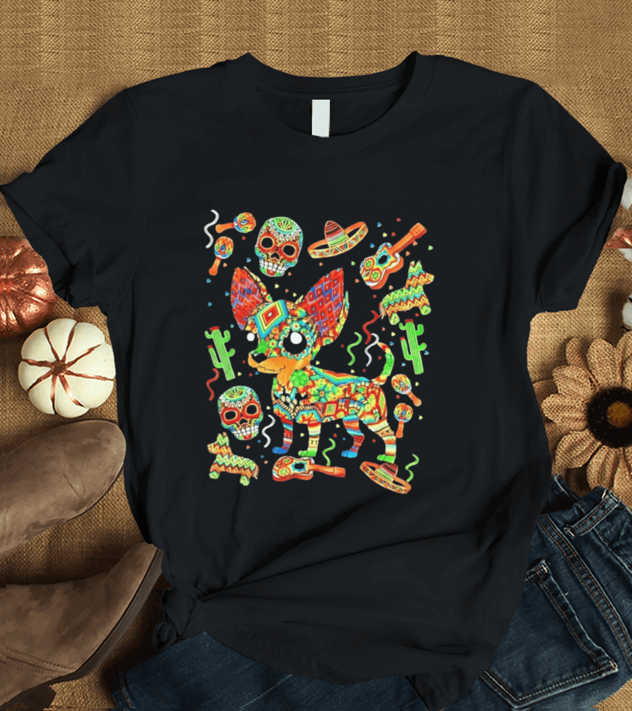 Fiesta Chihuahua Mexican Dia De Los Muertos Colorful Skull Sombrero Cactus Dog T-Shirt