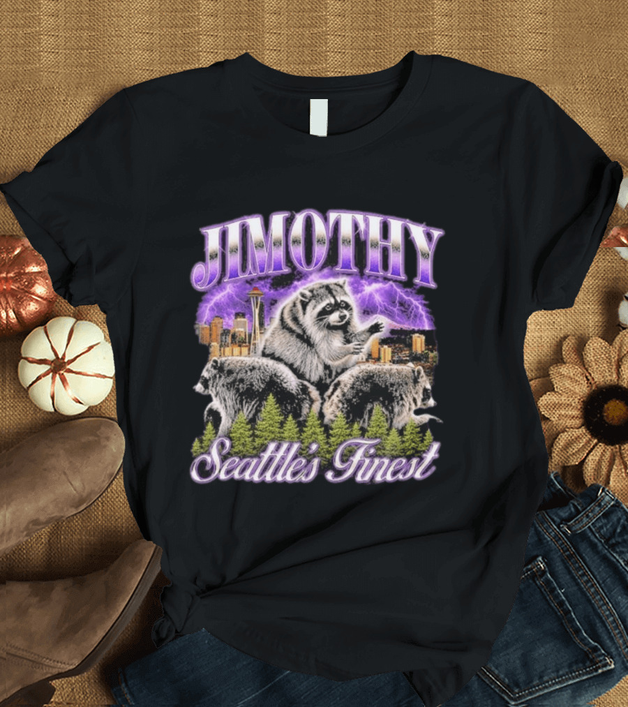 Jimothy Raccoon Seattle's Finest Purple Lightning Skyline And Forest T-Shirt