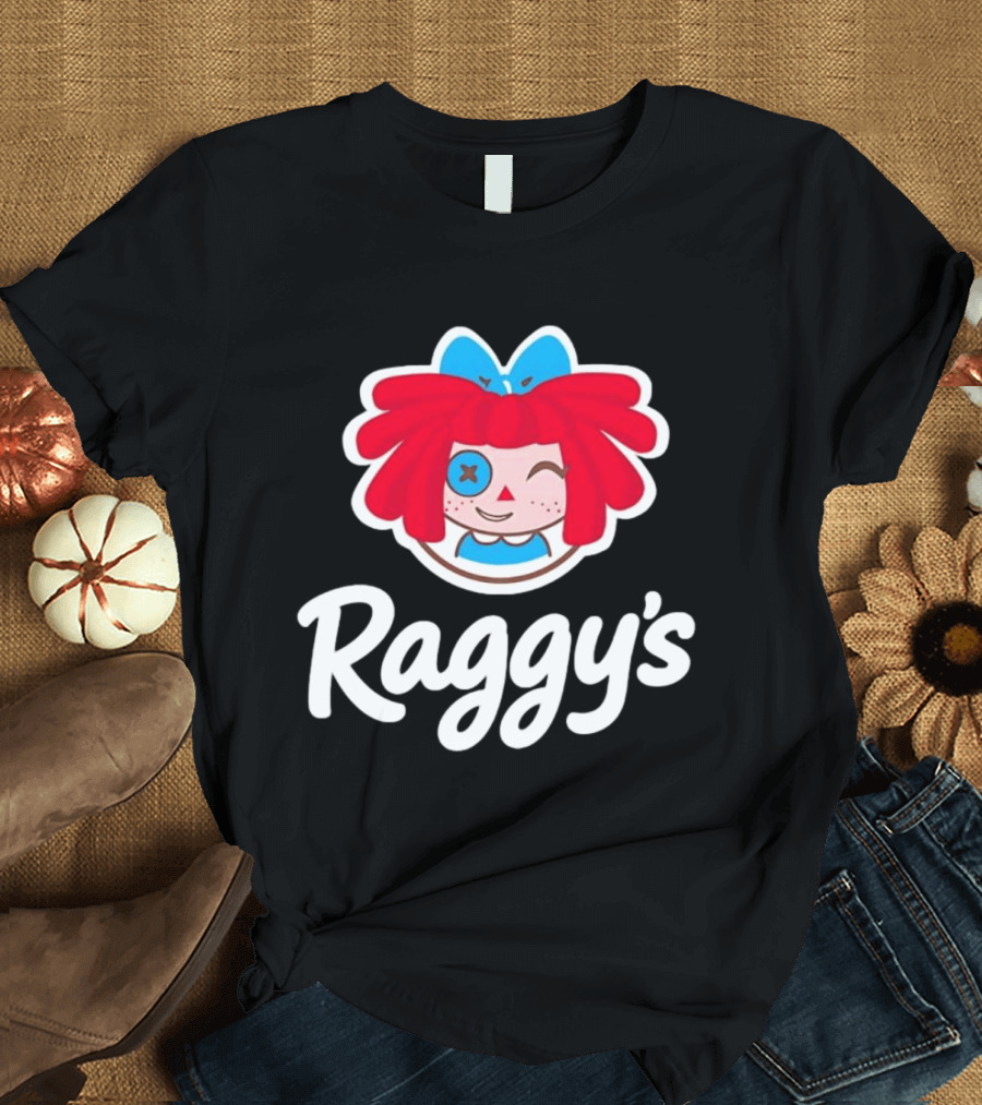 Raggy's Raggedy Ann Cartoon Character Red Hair Blue Bow T-Shirt