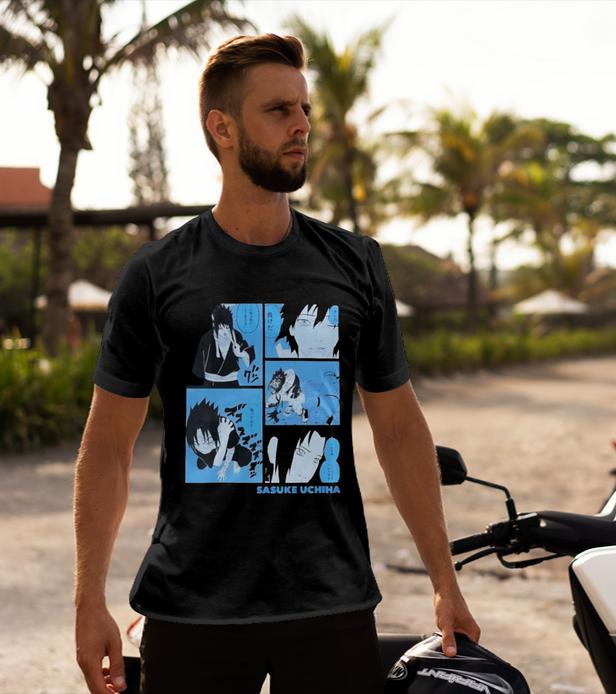 Sasuke Uchiha Cursed Seal Battle Manga Panels Blue Version T-Shirt