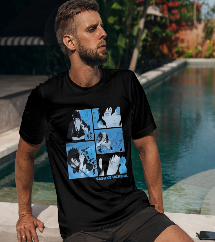 Sasuke Uchiha Cursed Seal Battle Manga Panels Blue Version T-Shirt