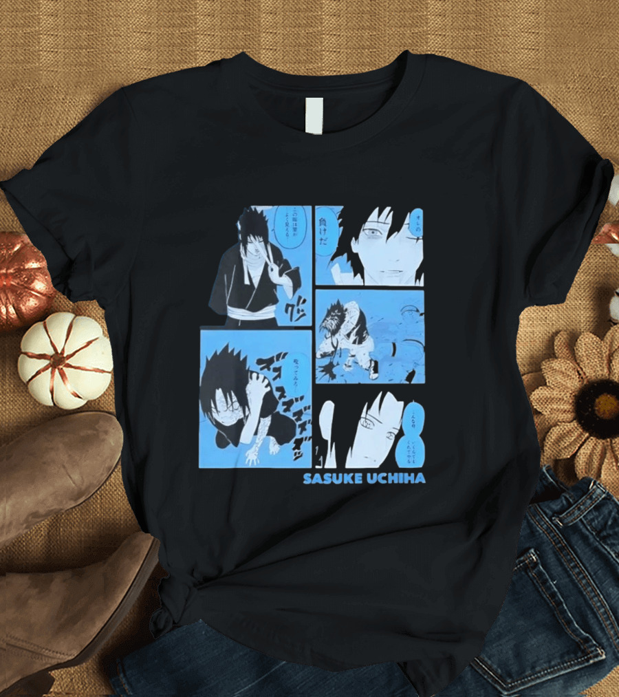 Sasuke Uchiha Cursed Seal Battle Manga Panels Blue Version T-Shirt