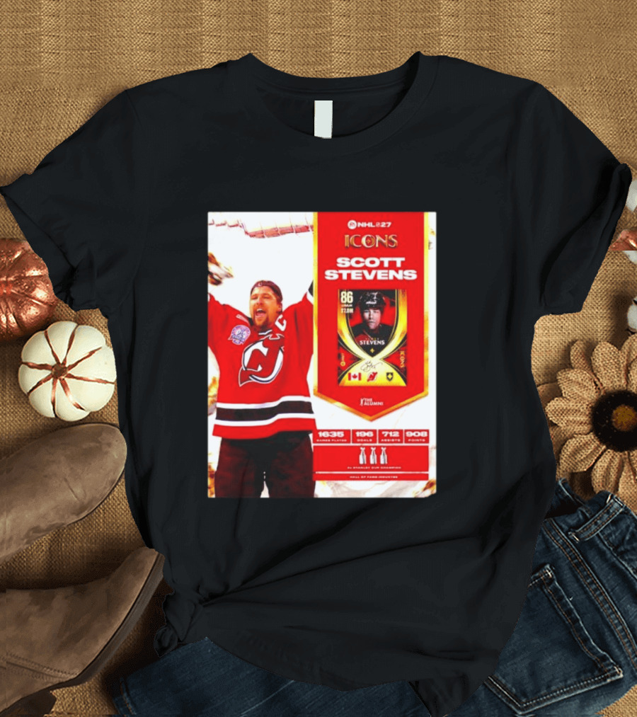 NHL 27 Icons Scott Stevens New Jersey Devils Hall Of Fame Legend T-Shirt