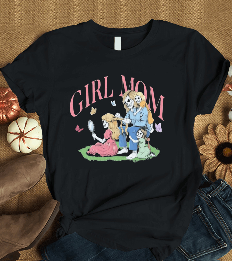 Girl Mom Skeleton Mother Braiding Hair With Daughters And Butterflies T-Shirt