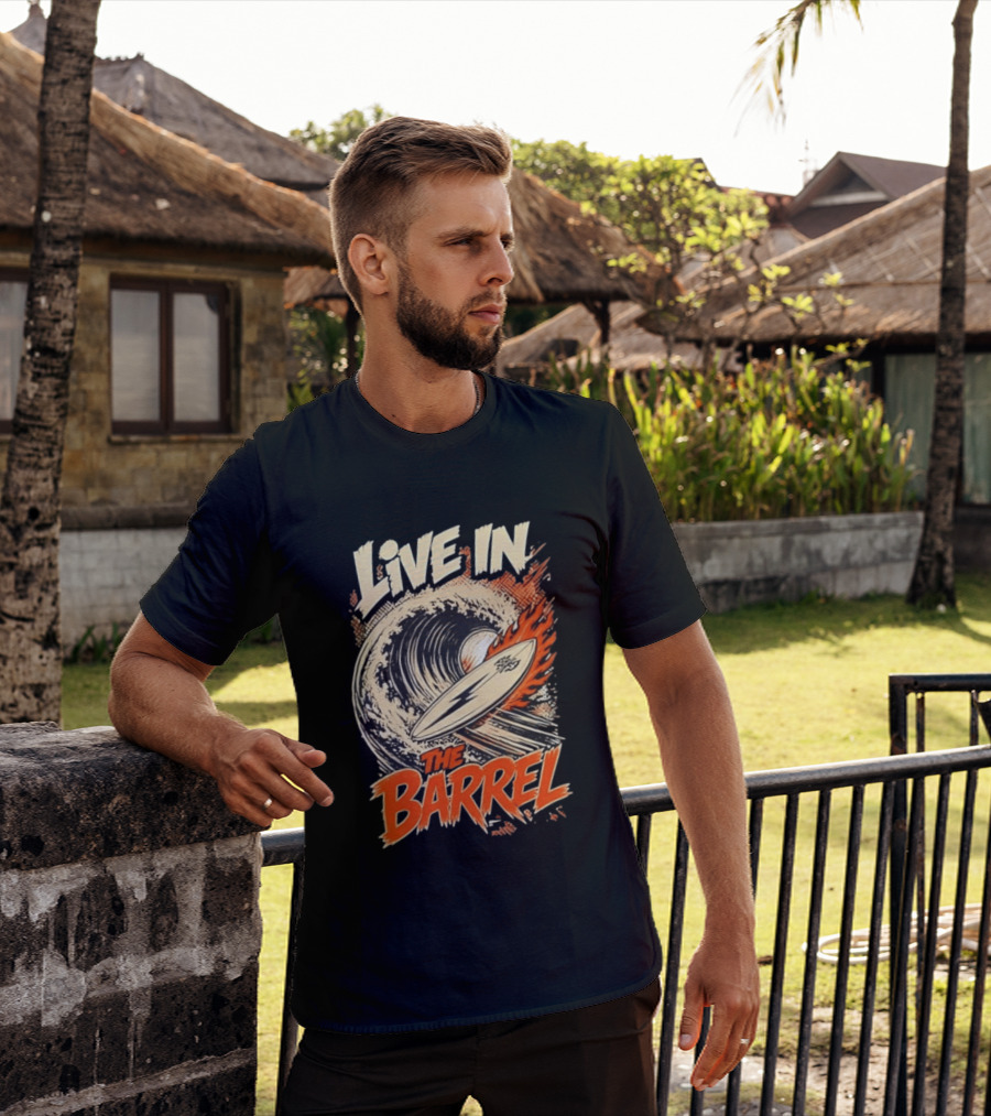 Live In The Barrel Flaming Surfboard Surf T-Shirt