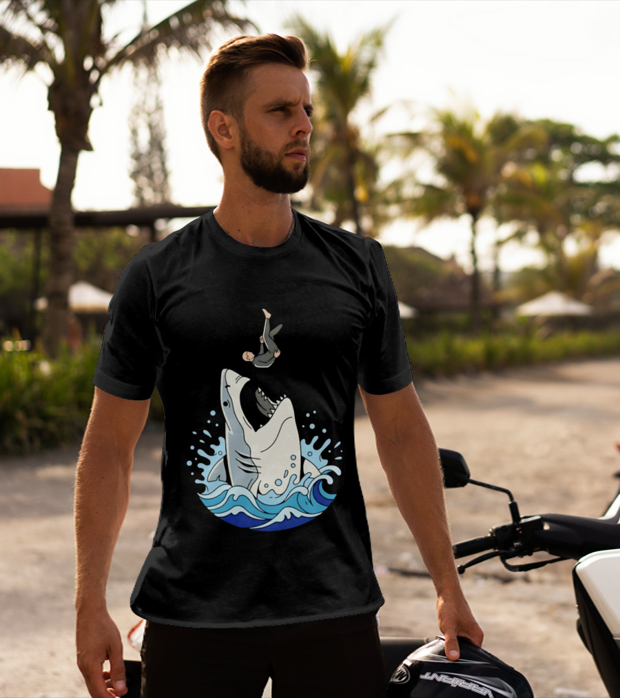 Great White Shark Surfer Falling Water Splash Scene T-Shirt