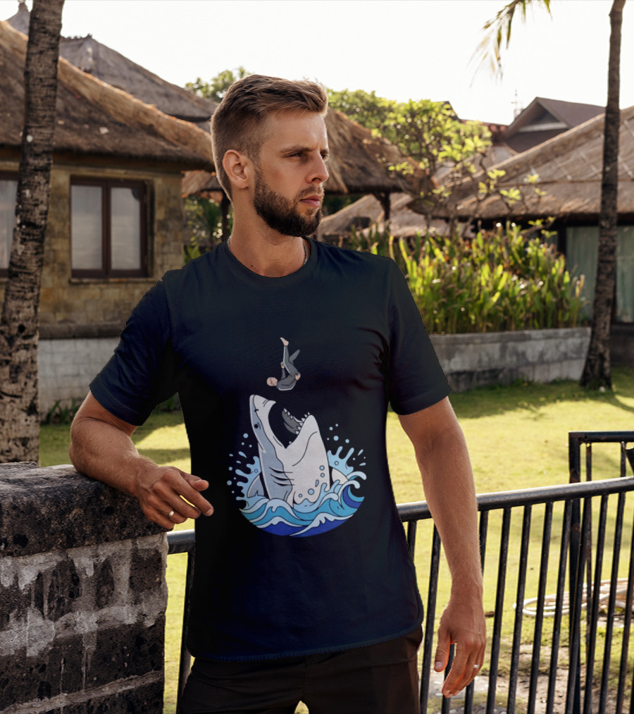 Great White Shark Surfer Falling Water Splash Scene T-Shirt