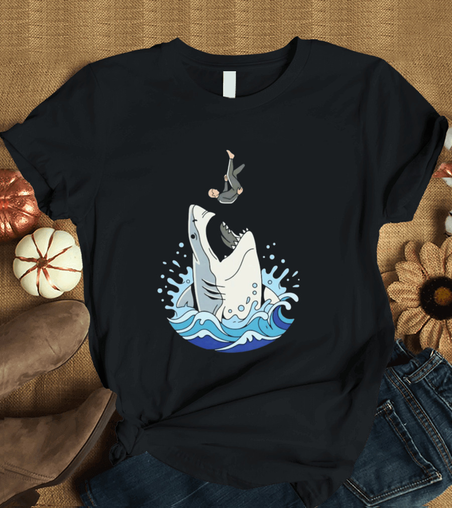 Great White Shark Surfer Falling Water Splash Scene T-Shirt
