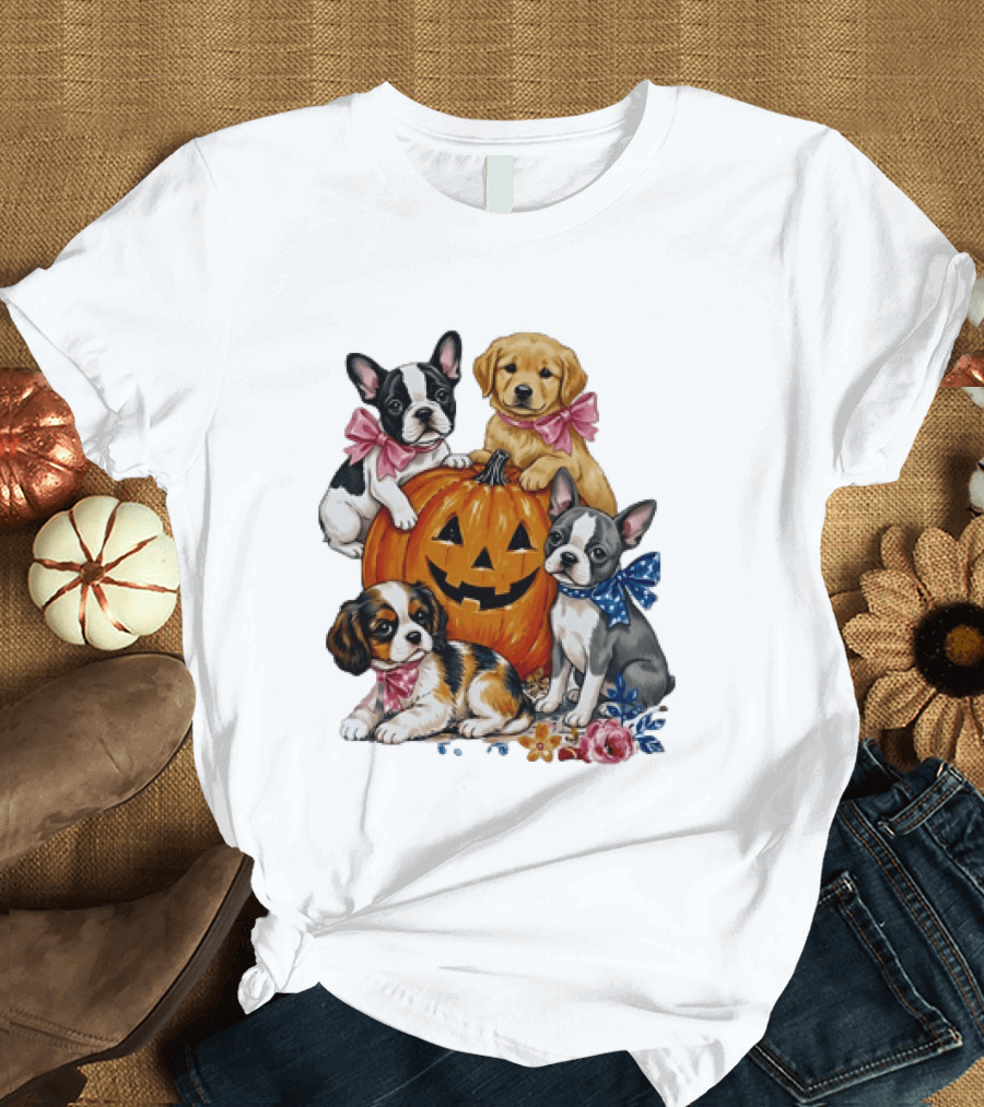 Puppies With Pink And Blue Bows Jack O' Lantern Pumpkin Halloween T-Shirt