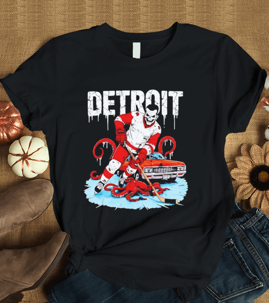 Detroit Hockey Skeleton Octopus Muscle Car T-Shirt