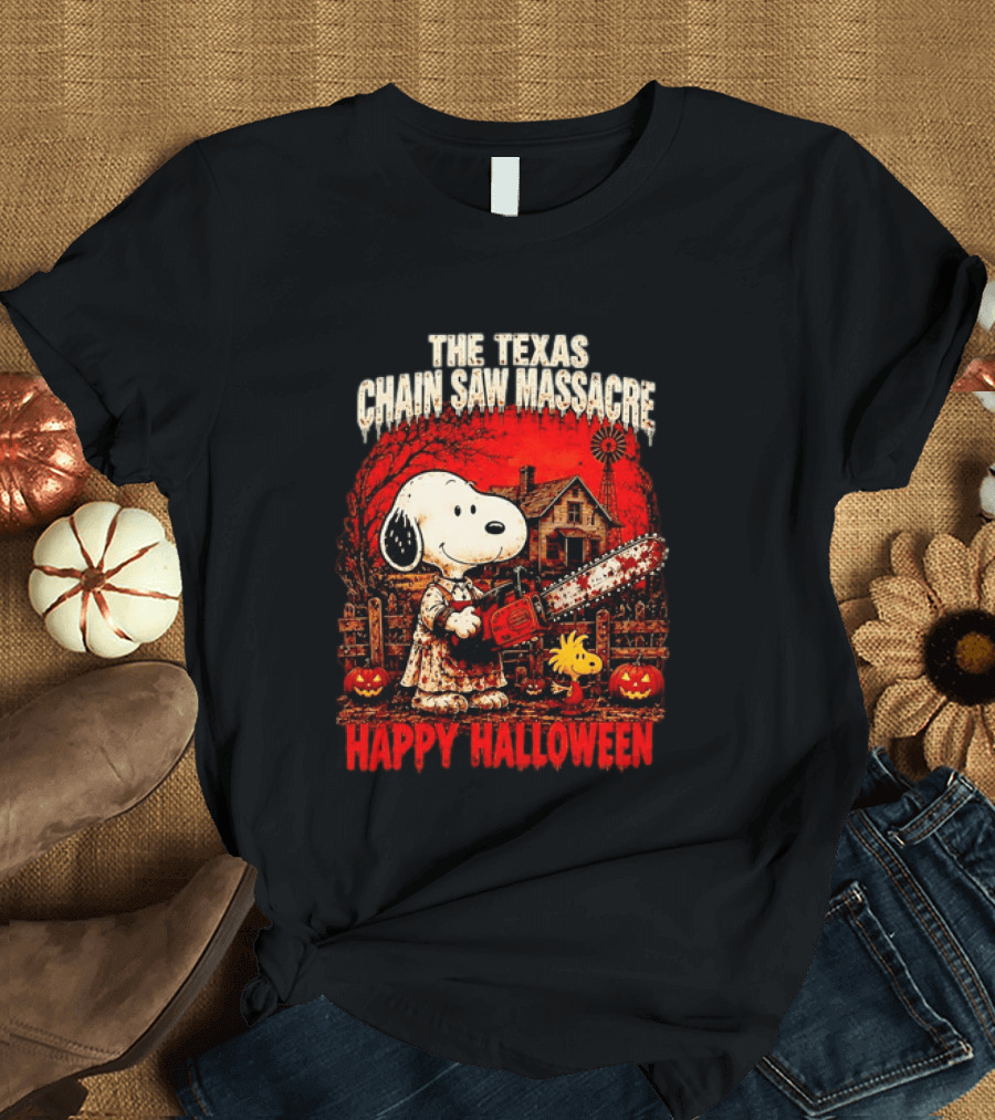 Snoopy Woodstock The Texas Chain Saw Massacre Happy Halloween Scene T-Shirt