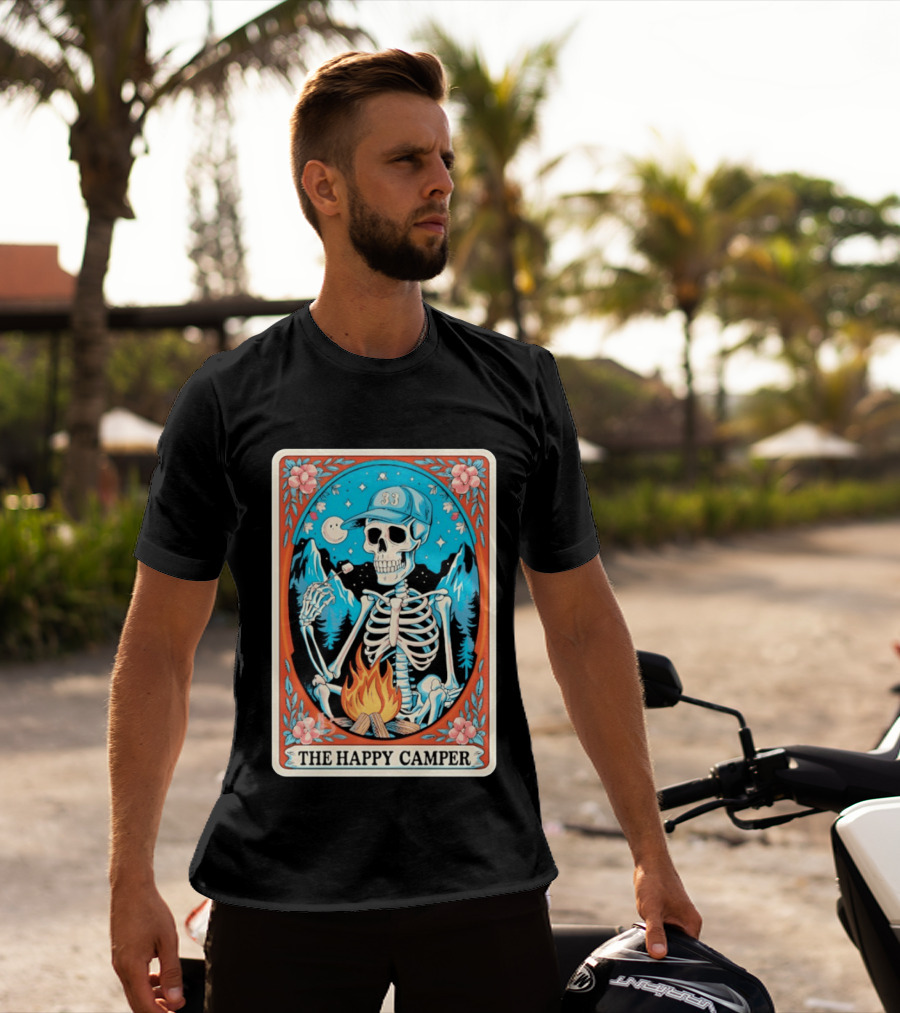 The Happy Camper Skeleton 33 Marshmallow Campfire Scene T-Shirt
