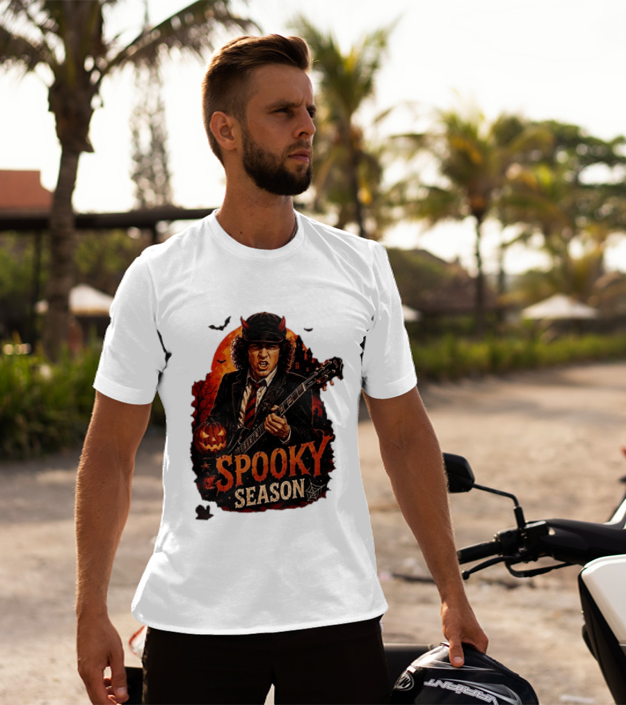 Spooky Season Angus Young Halloween AC DC Inspired Pumpkin Guitar T-Shirt