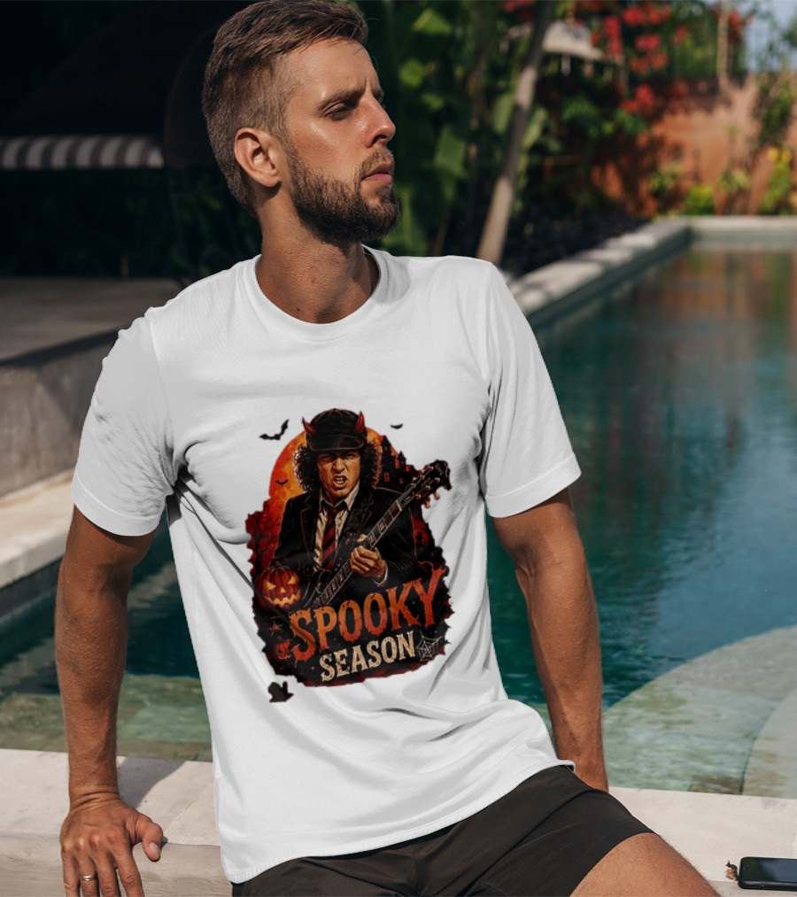 Spooky Season Angus Young Halloween AC DC Inspired Pumpkin Guitar T-Shirt