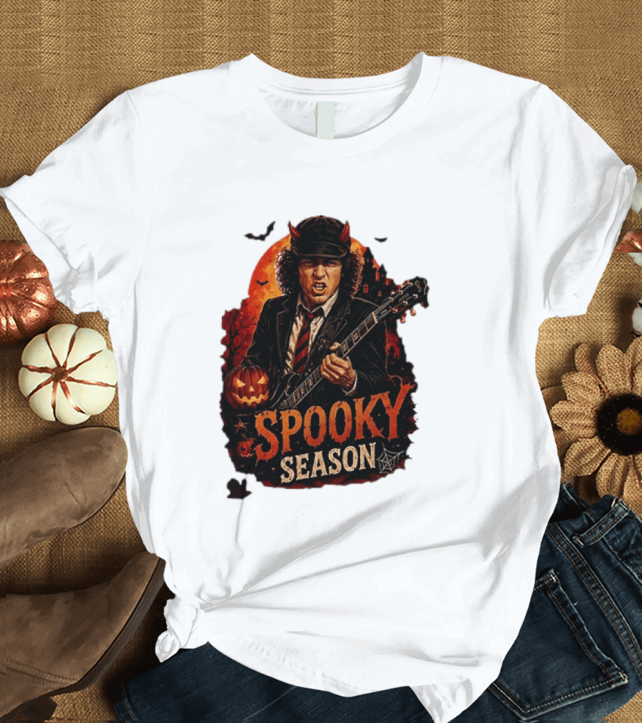 Spooky Season Angus Young Halloween AC DC Inspired Pumpkin Guitar T-Shirt