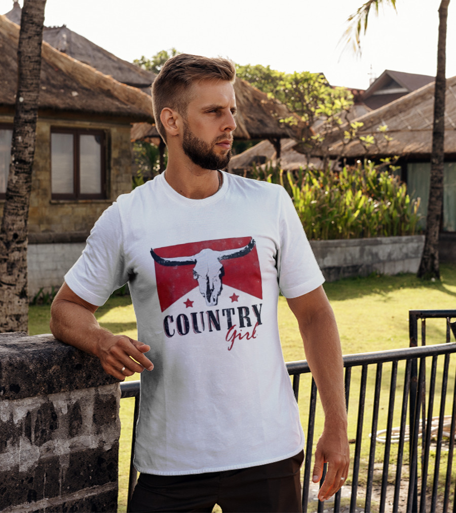 Country Girl Western Bull Skull Red Star Banner T-Shirt