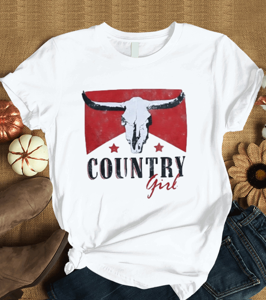 Country Girl Western Bull Skull Red Star Banner T-Shirt