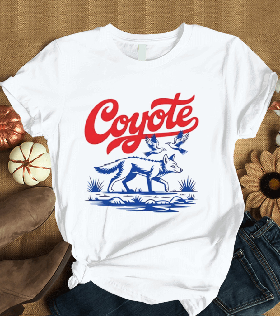 Coyote With Birds In Desert Scene Wild Western Desert T-Shirt