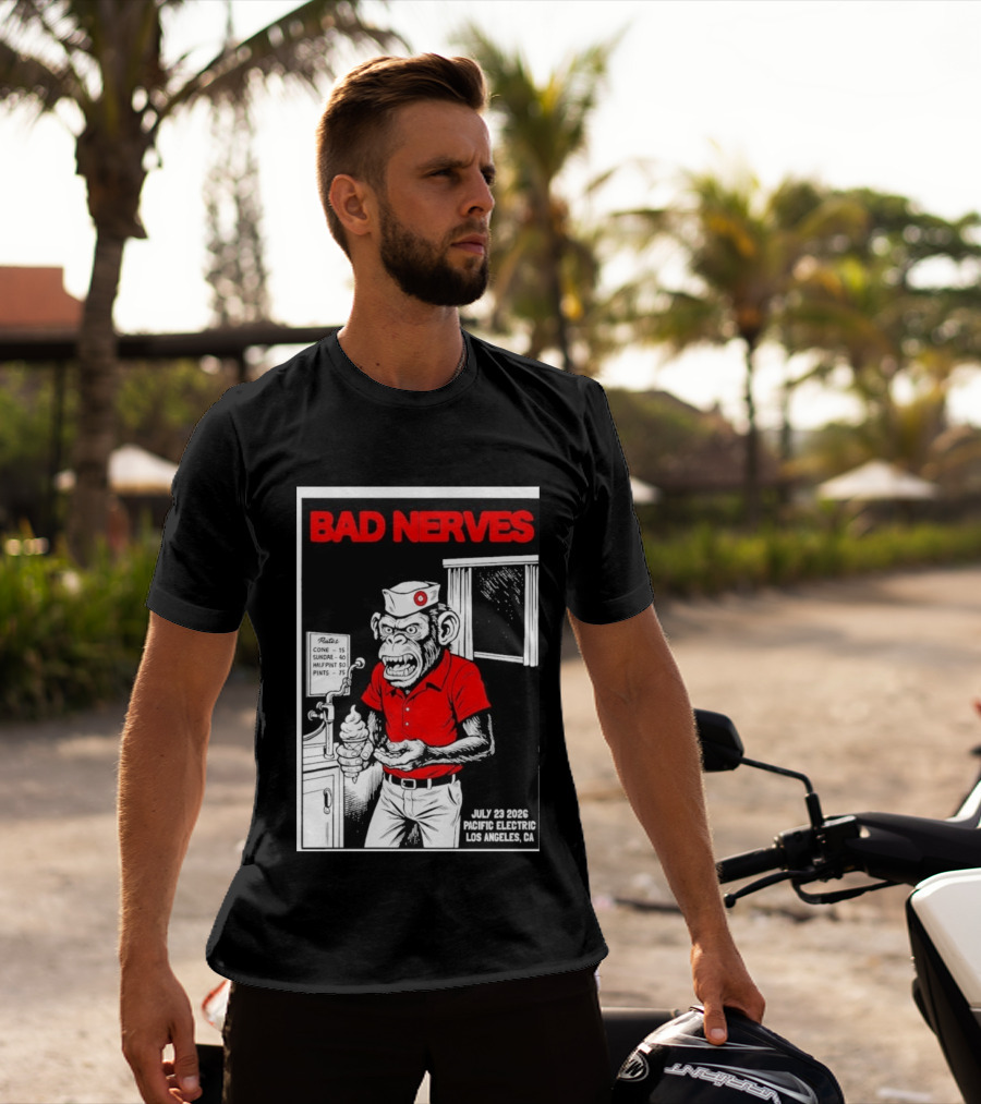 Bad Nerves July 23 2026 Pacific Electric Los Angeles Monkey Ice Cream Server Comic T-Shirt