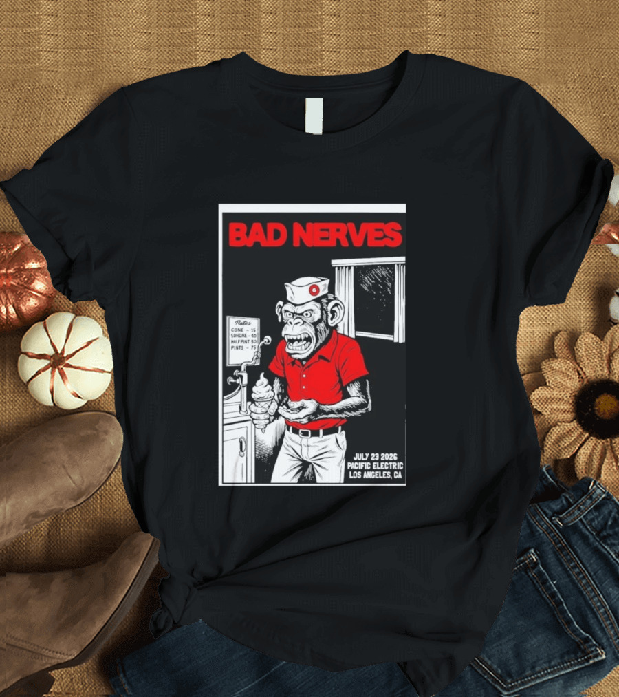 Bad Nerves July 23 2026 Pacific Electric Los Angeles Monkey Ice Cream Server Comic T-Shirt
