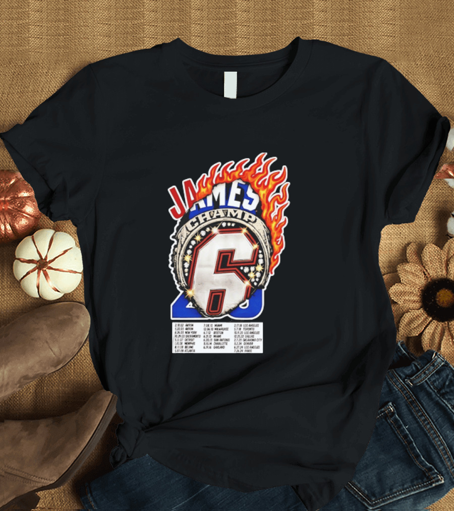 LeBron James Champ 6 Milestone Dates Cleveland Miami Los Angeles 2012 2013 2016 2020 T-Shirt