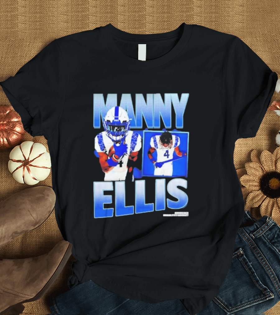 Manny Ellis Indiana State Running Back Football Jersey Number 4 Blue And White T-Shirt