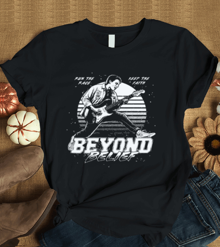 Girder Music Store Beyond Belief Run The Race Keep The Faith Guitar Player T-Shirt