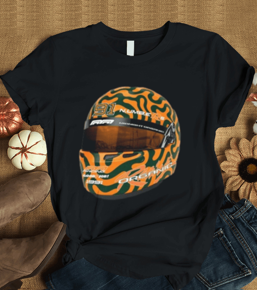 Midnight Organic Store Formula Helmet 91 Number 1991 RPM Orange Green T-Shirt