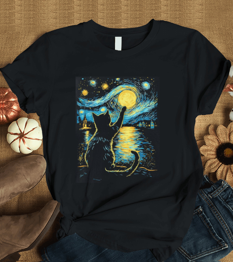 Cat Reaching For The Moon Starry Night Van Gogh Inspired Scene T-Shirt