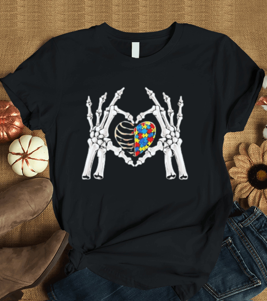 Skeleton Hands Heart Autism Puzzle Piece Awareness T-Shirt