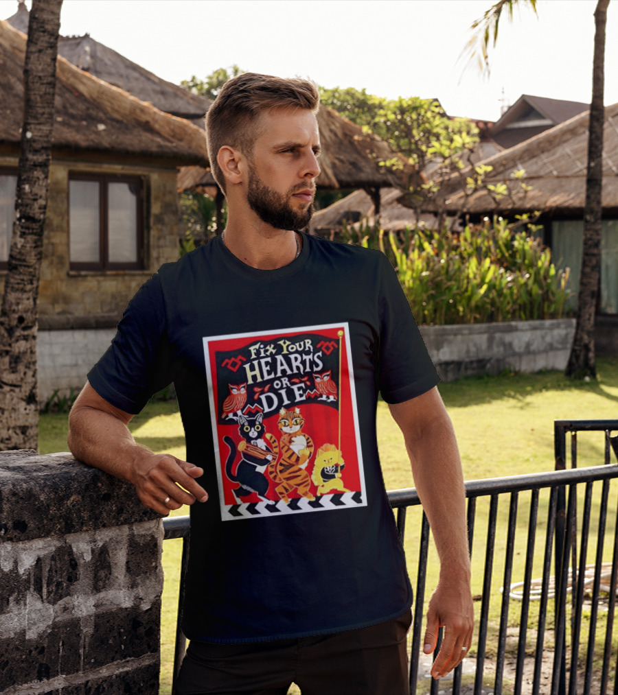 Twin Peaks Cats Fix Your Hearts Or Die David Lynch Owls Red Banner T-Shirt