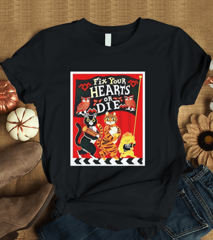Twin Peaks Cats Fix Your Hearts Or Die David Lynch Owls Red Banner T-Shirt