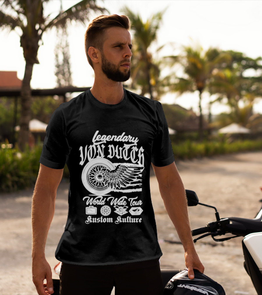 Legendary Von Dutch World Wide Tour Kustom Kulture Motorcycle Wings Wheel T-Shirt