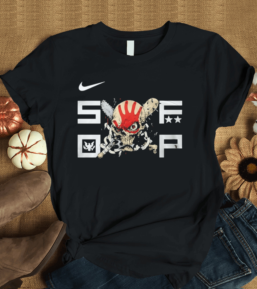 SDFP Skull Chains Brass Knuckles Design With Nike Logo And Red Handprint T-Shirt