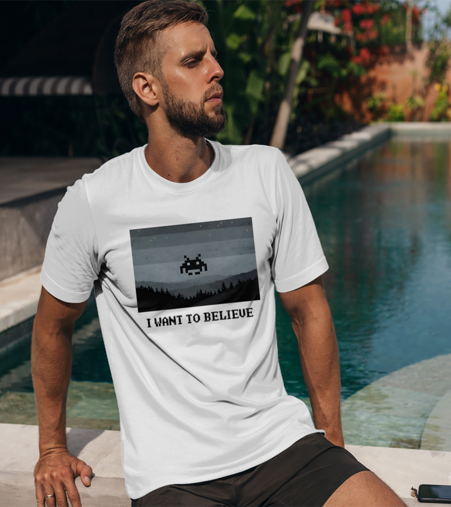 I Want To Believe Space Invader Pixel UFO Forest Scene T-Shirt