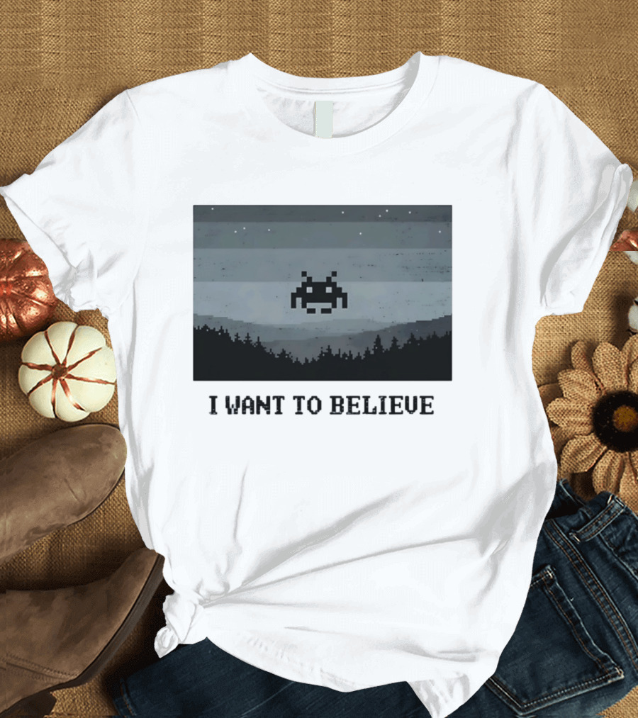 I Want To Believe Space Invader Pixel UFO Forest Scene T-Shirt
