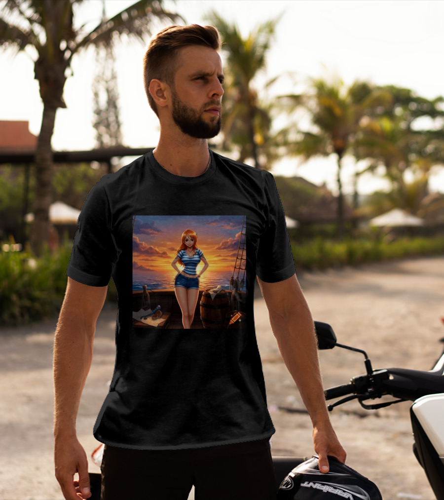 Nami One Piece Joyful Sunset Pirate Ship Ocean Scene T-Shirt
