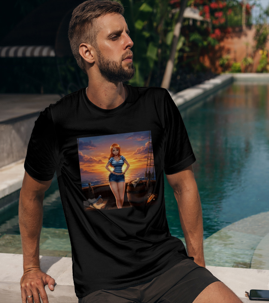 Nami One Piece Joyful Sunset Pirate Ship Ocean Scene T-Shirt