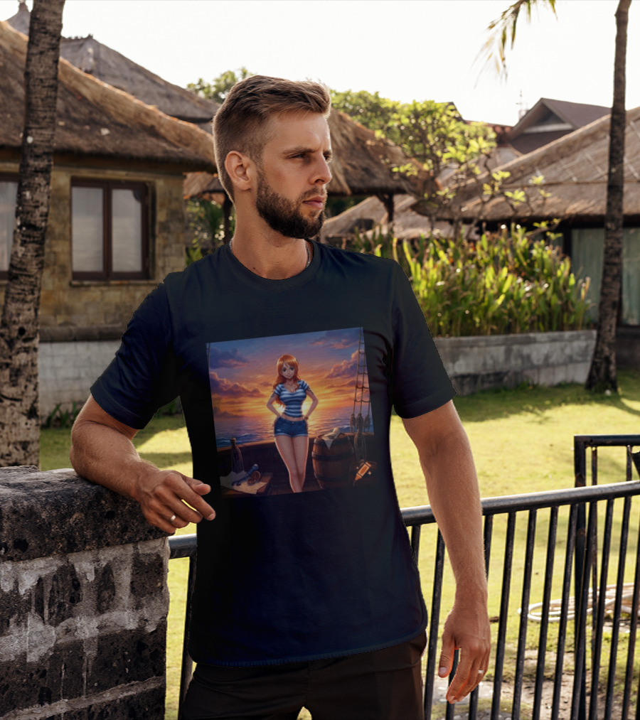 Nami One Piece Joyful Sunset Pirate Ship Ocean Scene T-Shirt