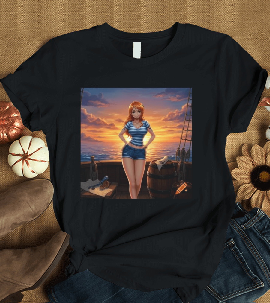 Nami One Piece Joyful Sunset Pirate Ship Ocean Scene T-Shirt