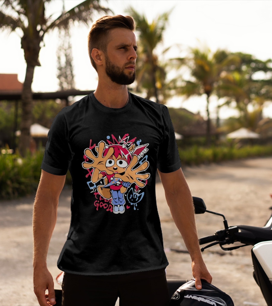 True Good Anime Distressed Graffiti Cartoon Character With Red Hair And Large Hands T-Shirt